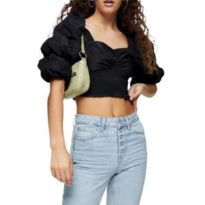 Topshop Black Puff Sleeve Taffeta Crop Top-2
